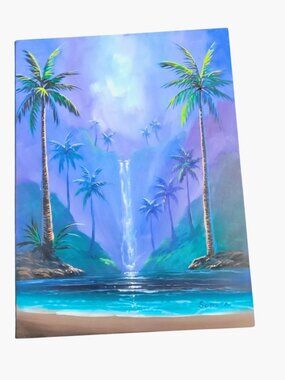 Tropical Beach Painting Palm Tree Waterfall Schira Purple Blue Signed Original